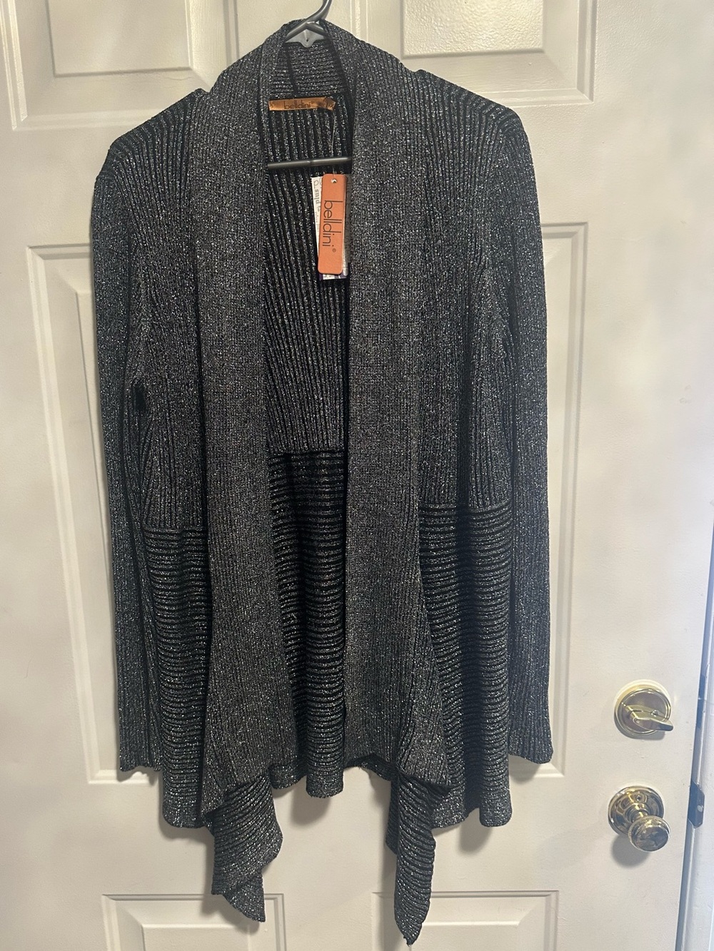 Belldini Black Metallic Open-Front Ribbed Drape Cardigan